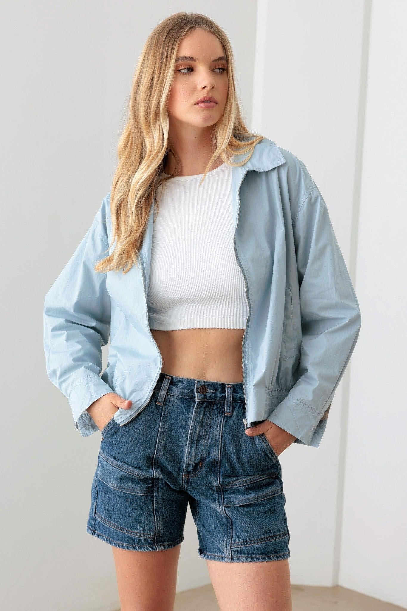 Baby Blue 100% Cotton Zip up Collared Boxy Jacket