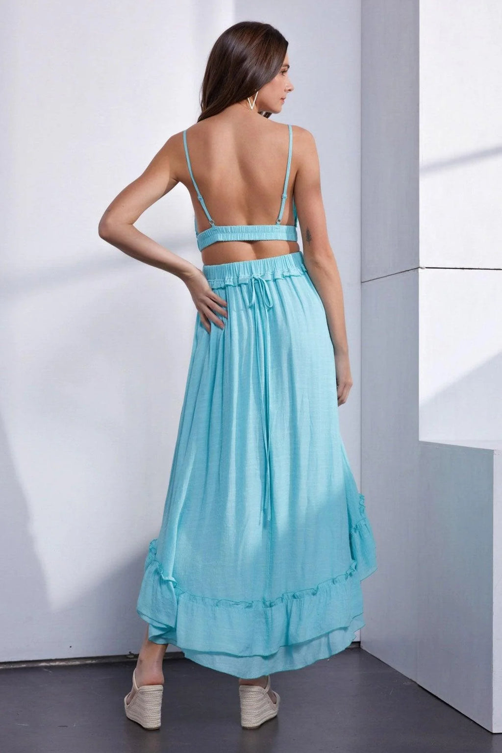 Asymmetric Ruffle Bottom Hem Open Back Cutout Dress