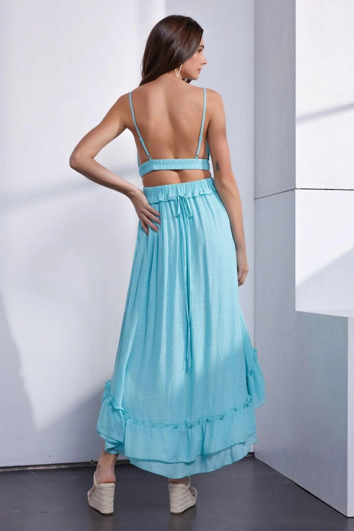 Asymmetric Ruffle Bottom Hem Open Back Cutout Dress