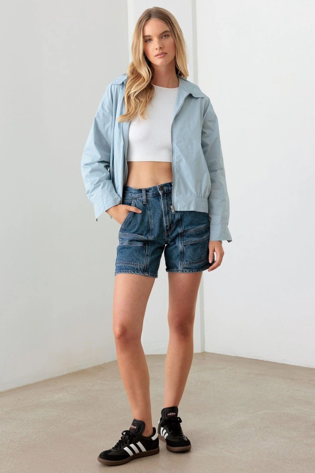 Baby Blue 100% Cotton Zip up Collared Boxy Jacket