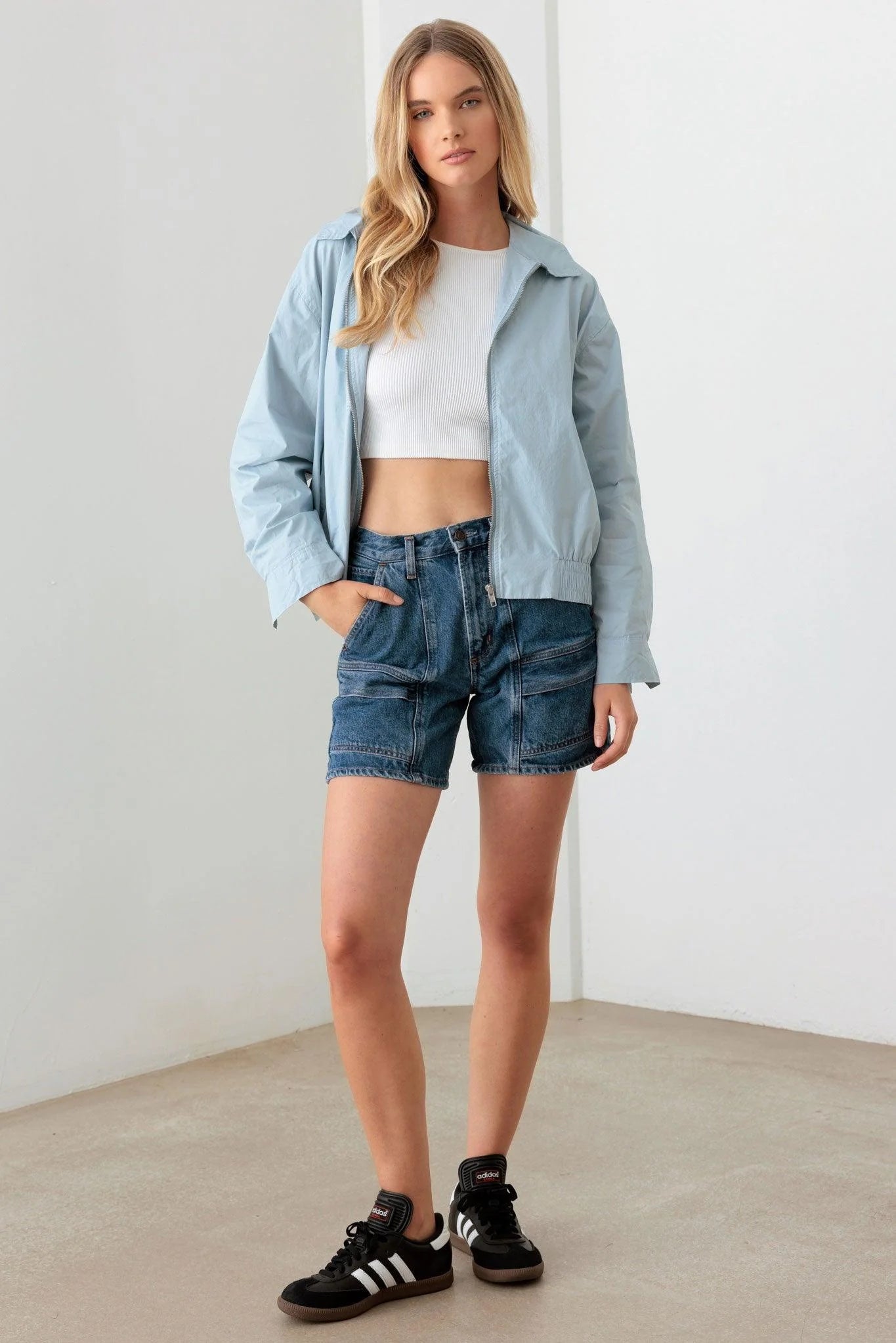 Baby Blue 100% Cotton Zip up Collared Boxy Jacket