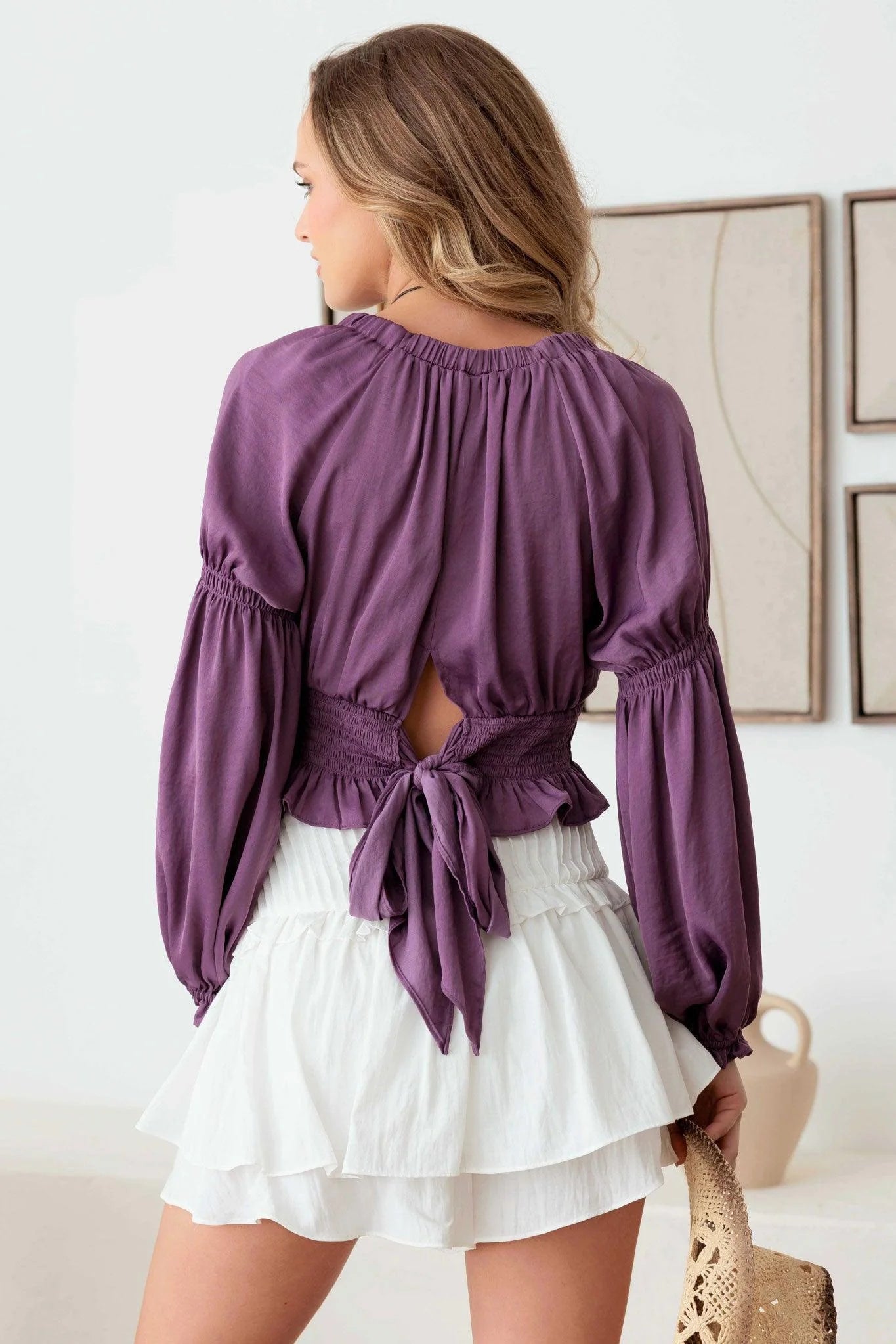 Puff Long Sleeve Smocked V-Neck Back Tie Crop Satin Top