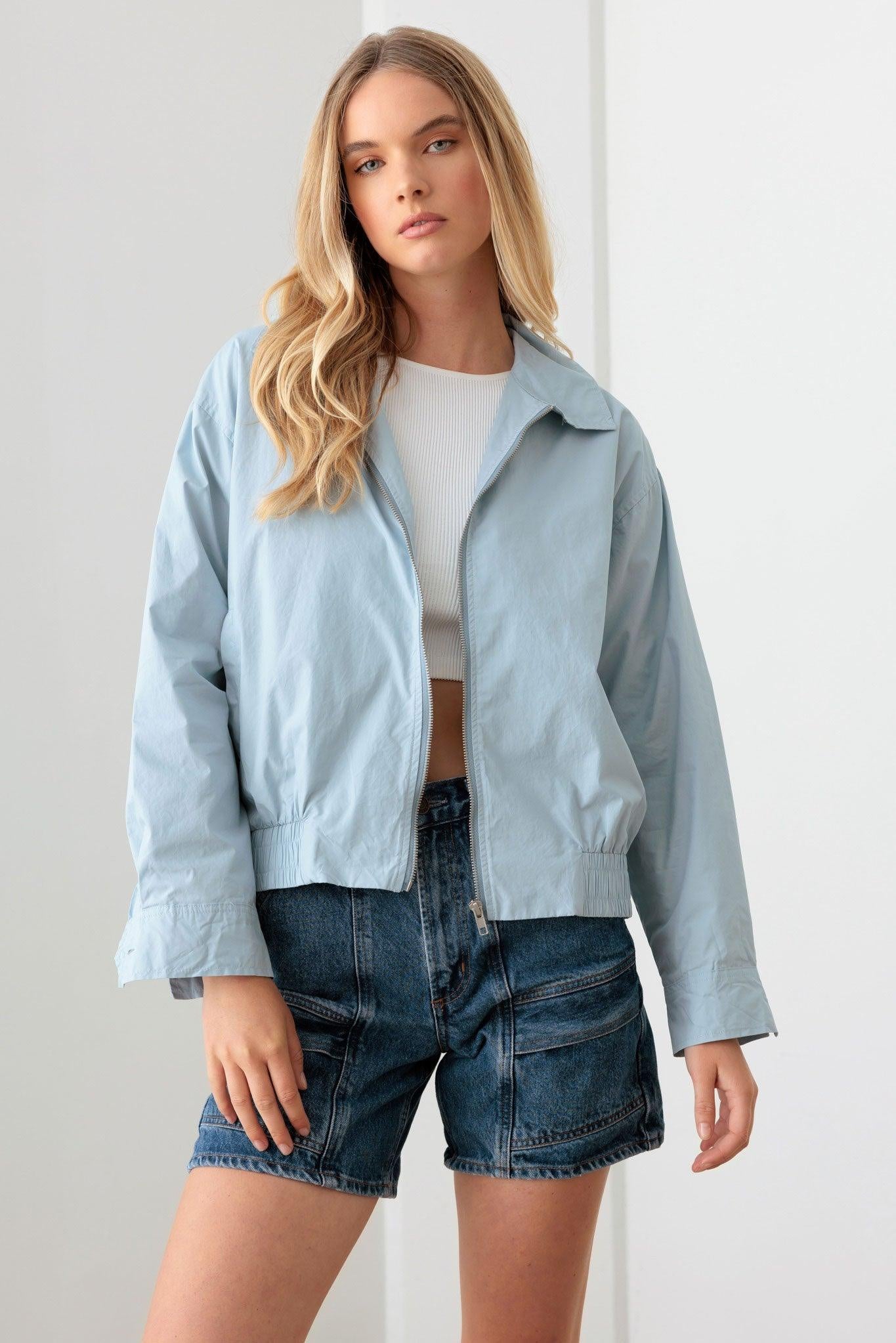 Baby Blue 100% Cotton Zip up Collared Boxy Jacket