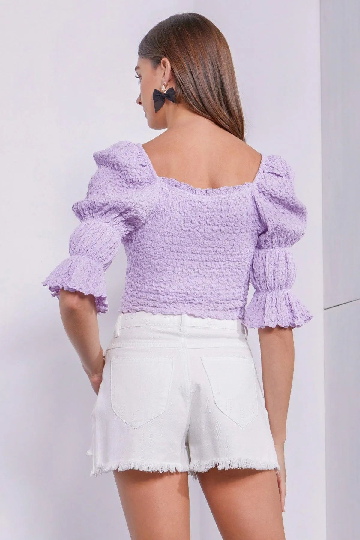 Crinkle Texture Scoop Neck Puff Sleeve Crop Top
