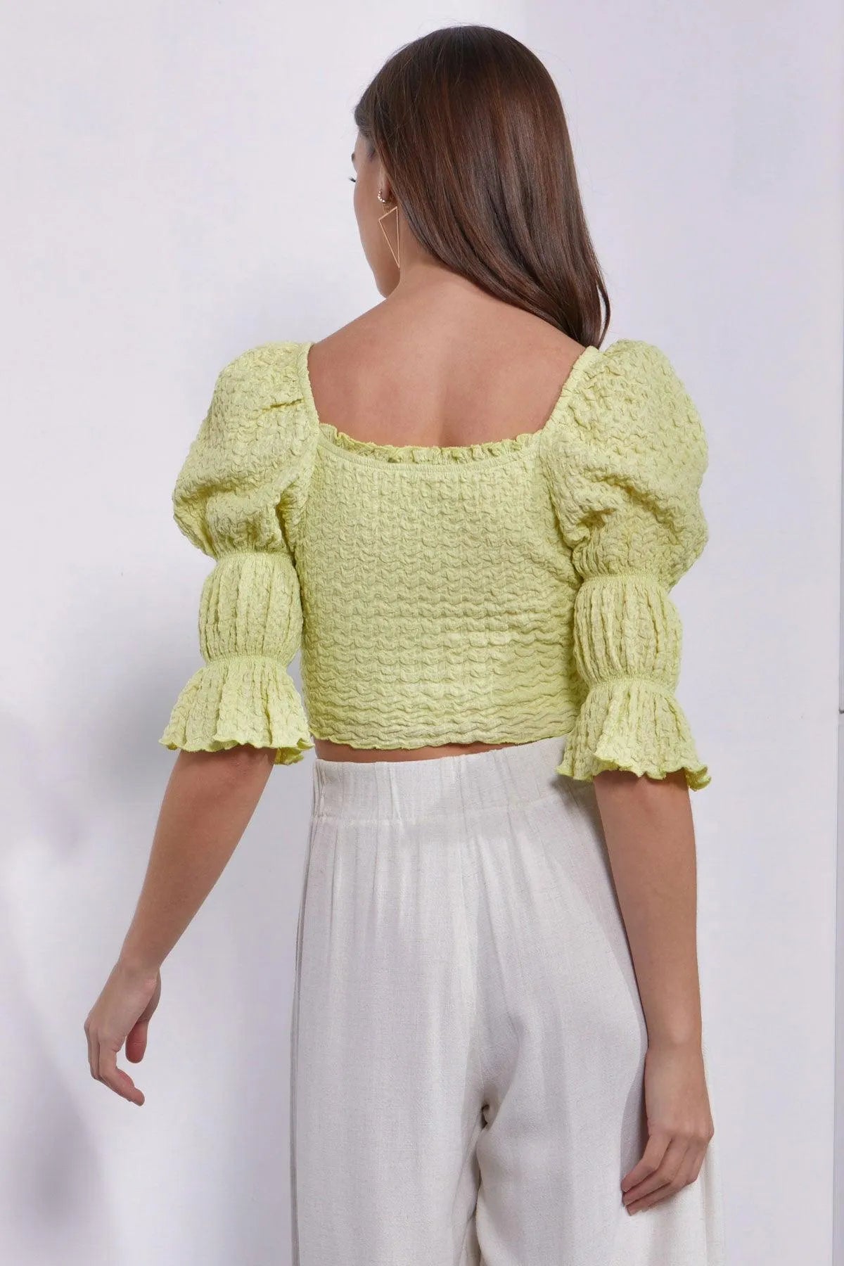 Crinkle Texture Scoop Neck Puff Sleeve Crop Top