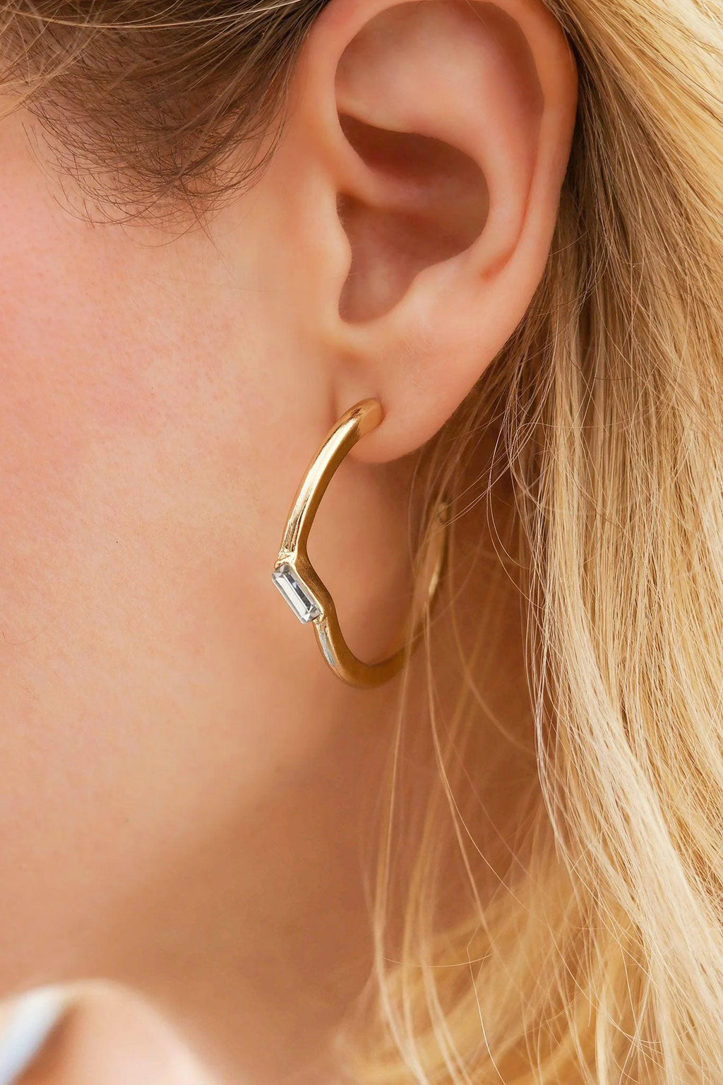 Baguette Rhinestone round Open Hoop Gold Earrings