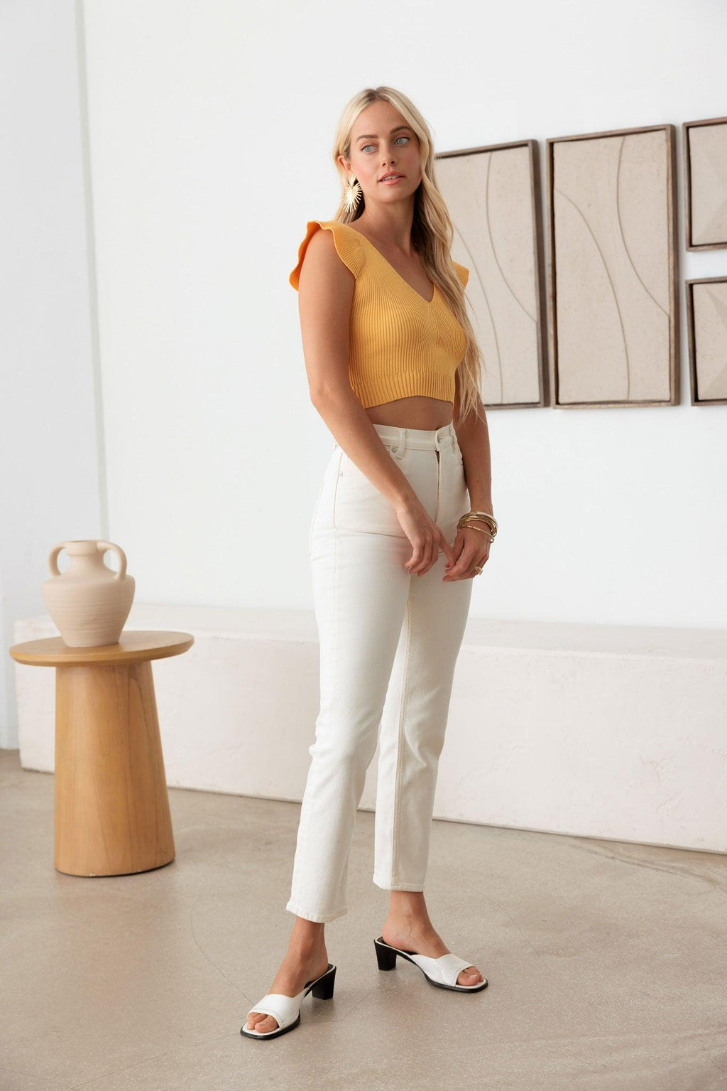 Ruffled Short Sleeve V-Neck Crop Sweater Top