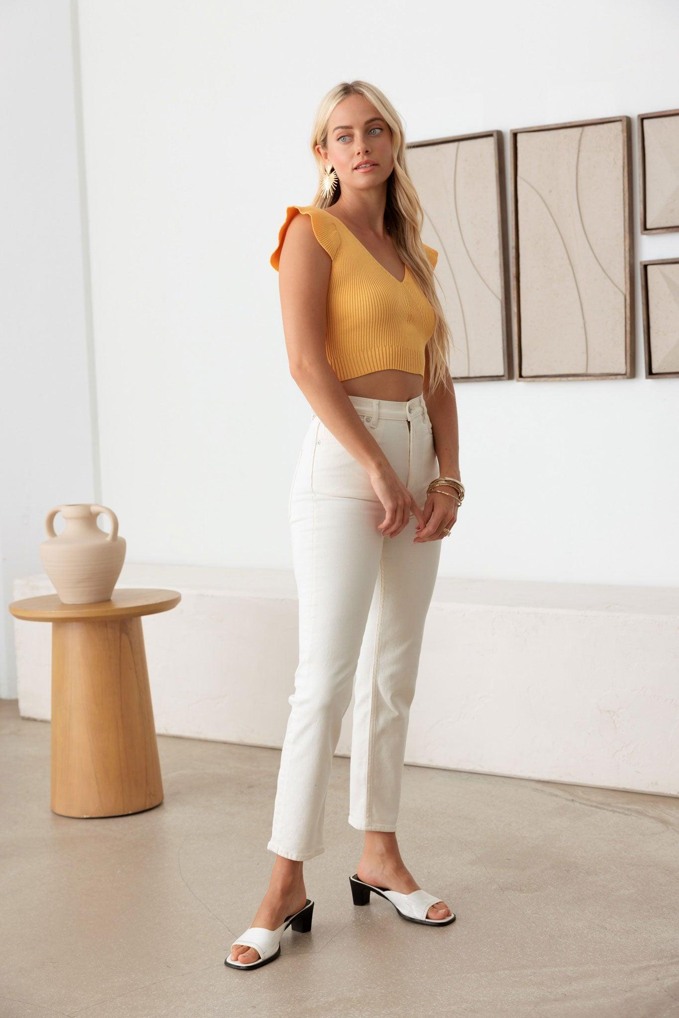 Ruffled Short Sleeve V-Neck Crop Sweater Top