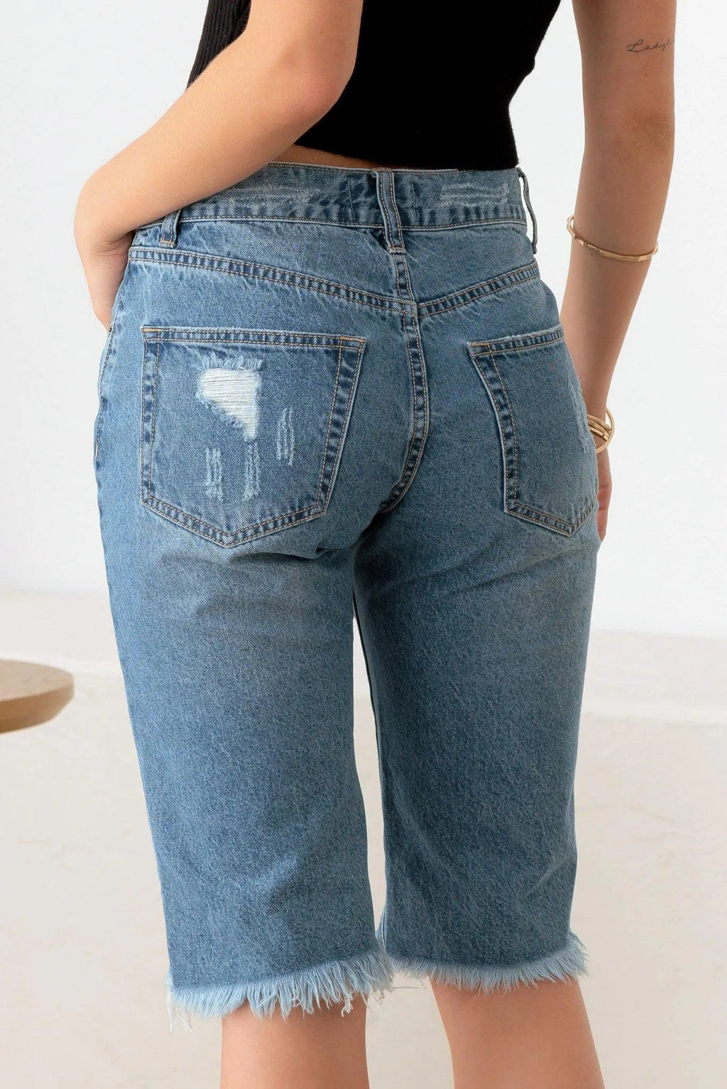 Destroyed Frayed Hem Denim Capri Shorts