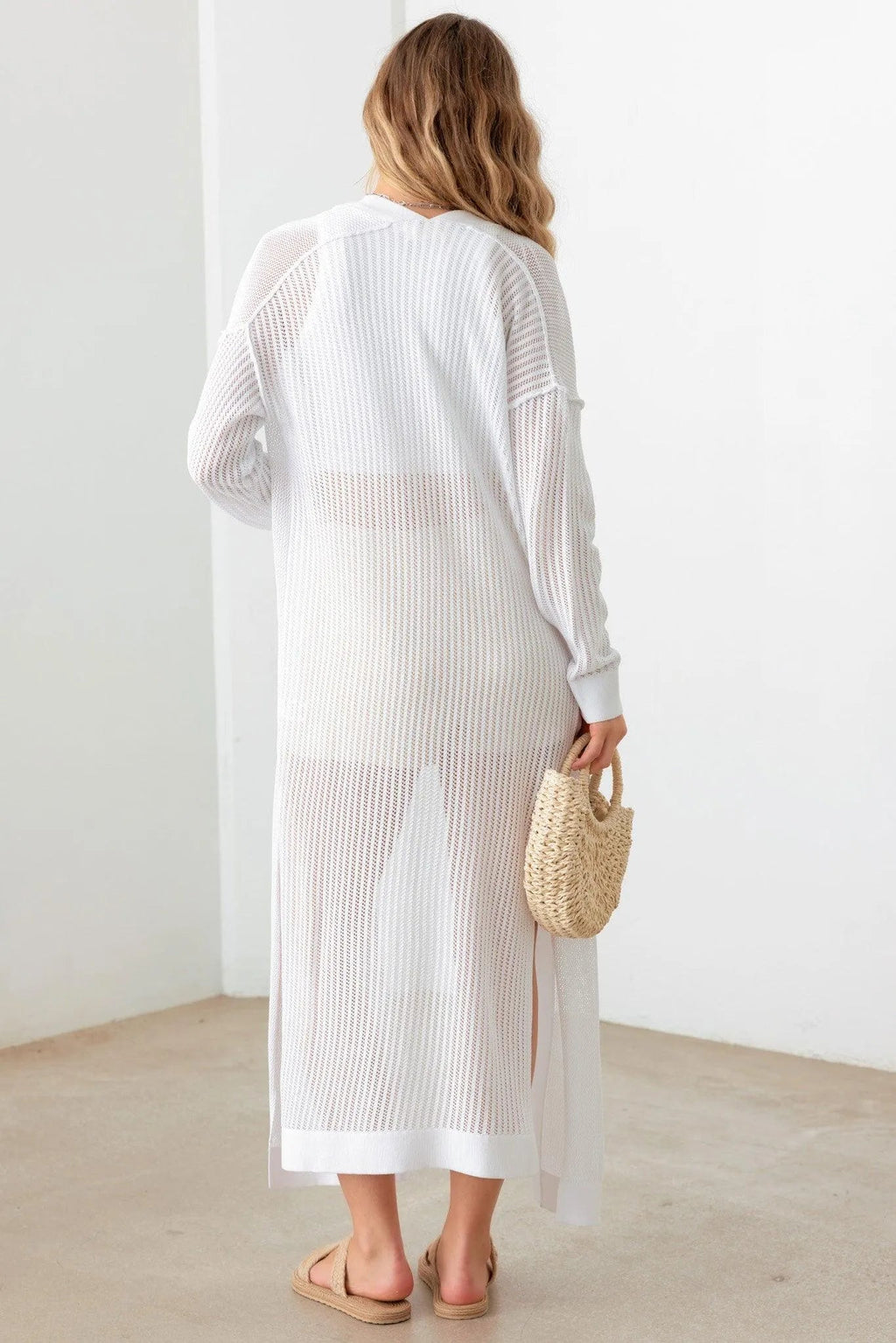 Long Sleeve Side Slit Net Knit Long Cover up Cardigan