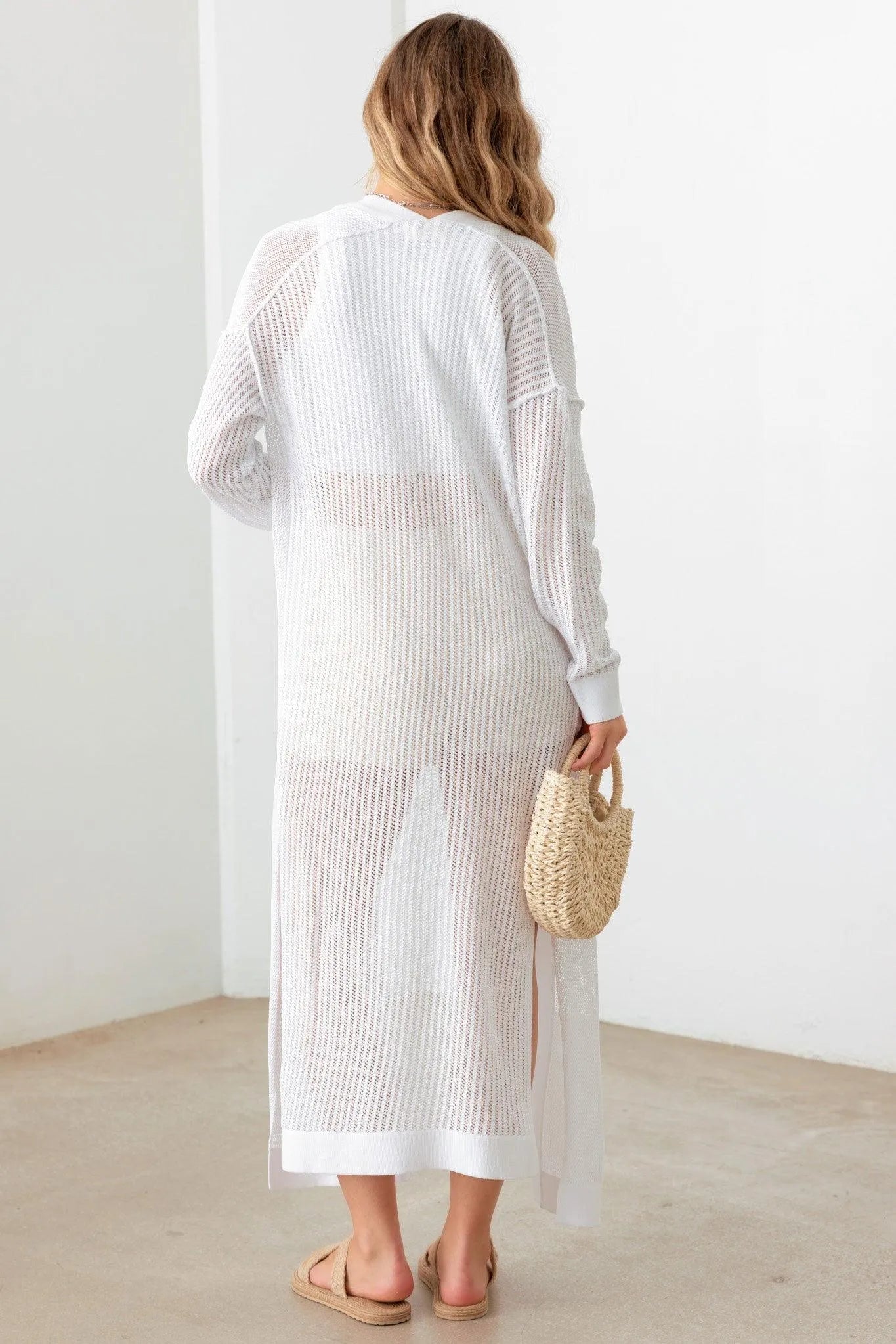 Long Sleeve Side Slit Net Knit Long Cover up Cardigan